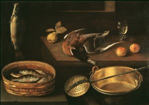 Stilleben med fisk og en and